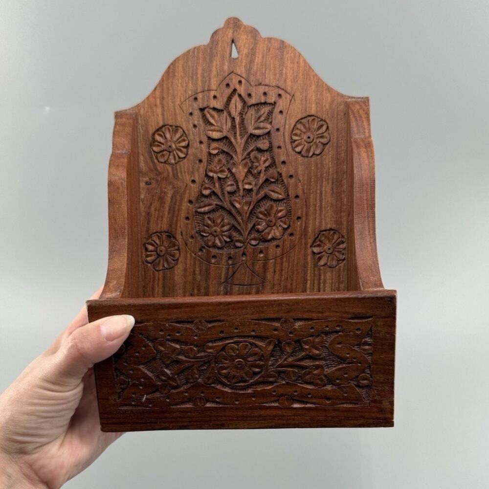Vintage Indian Carved Wood Wall Pocket Mail Organizer Floral Boho Archana Decor